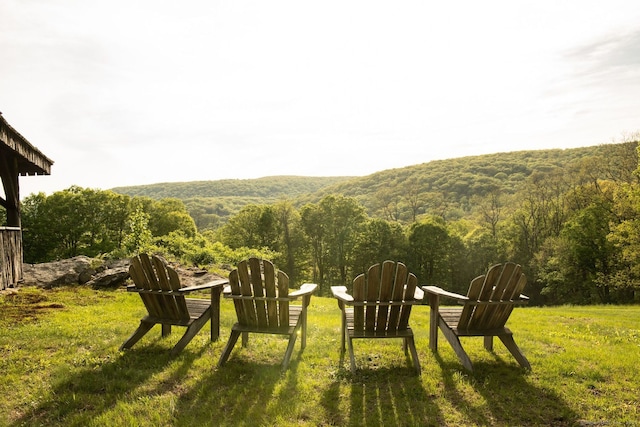 view of green lawn featuring a wooded view