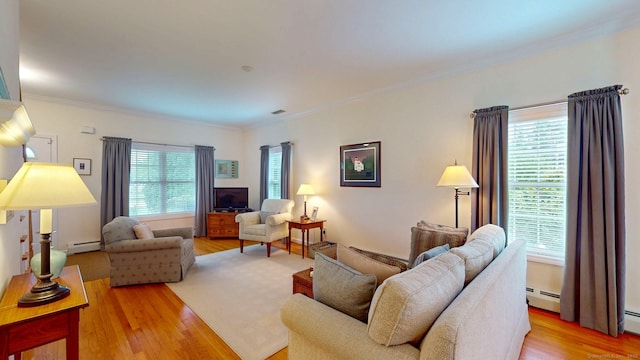 94 E Ridge Rd, Middletown, CT 06457 - living room featuring crown molding, a baseboard radiator, and wood finished floors