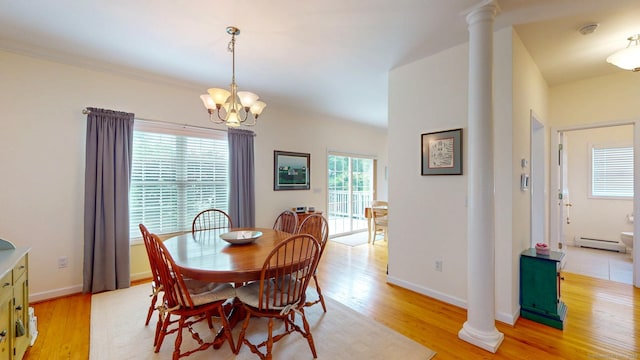 94 E Ridge Rd, Middletown, CT 06457 - dining space featuring baseboard heating, decorative columns, and light wood-style floors