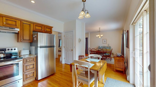 94 E Ridge Rd, Middletown, CT 06457 - kitchen featuring stainless steel appliances, under cabinet range hood, a chandelier, light wood-style flooring, and brown cabinetry