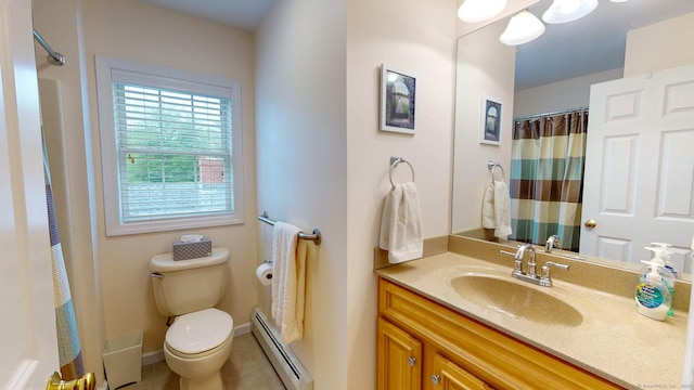 94 E Ridge Rd, Middletown, CT 06457 - bathroom featuring a baseboard heating unit, toilet, a shower with shower curtain, tile patterned flooring, and vanity