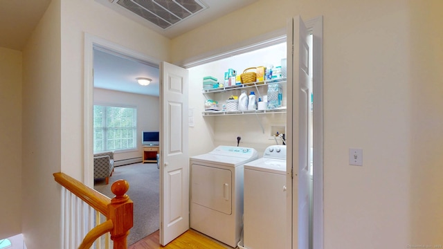 94 E Ridge Rd, Middletown, CT 06457 - washroom featuring washer and clothes dryer, light wood finished floors, and baseboard heating