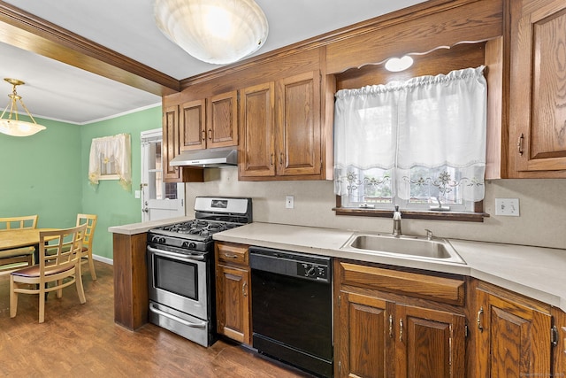 81 Montague Cir E, Hartford, CT 06118 - kitchen with dishwasher, stainless steel range with gas cooktop, under cabinet range hood, a sink, and ornamental molding