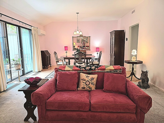470 Heritage Vlg Unit A, Southbury, CT 06488 - living area featuring light carpet, a chandelier, lofted ceiling, and a wall mounted AC