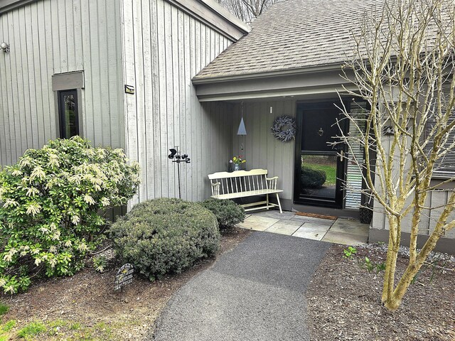 470 Heritage Vlg Unit A, Southbury, CT 06488 - doorway to property featuring roof with shingles