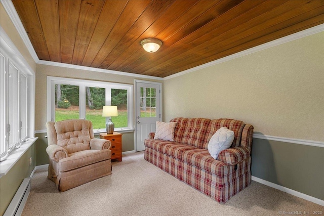 120 Peters Ln, Stratford, CT 06614 - carpeted living room with baseboard heating, wood ceiling, ornamental molding, and baseboards