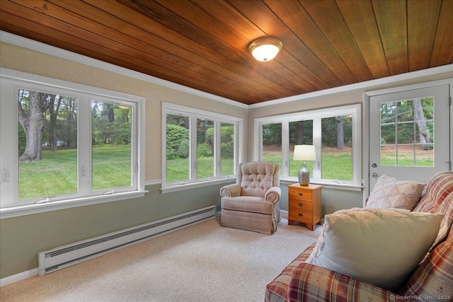 120 Peters Ln, Stratford, CT 06614 - sunroom / solarium with a baseboard radiator, crown molding, carpet flooring, and wooden ceiling