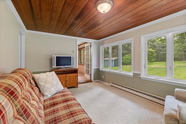 120 Peters Ln, Stratford, CT 06614 - living area with ornamental molding, a baseboard radiator, light carpet, and wooden ceiling