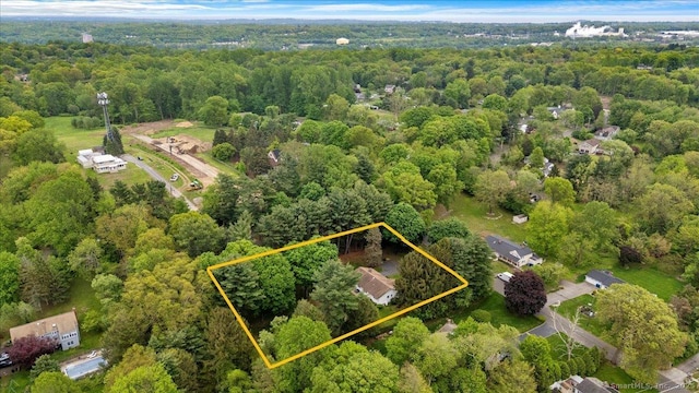 120 Peters Ln, Stratford, CT 06614 - aerial view of property and surrounding area featuring a heavily wooded area and property boundaries highlighted