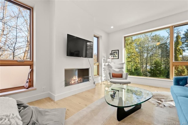 living room with wood finished floors, plenty of natural light, baseboards, a glass covered fireplace, and recessed lighting