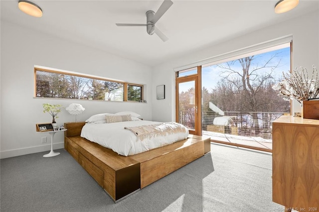 bedroom with access to exterior, carpet, ceiling fan, and baseboards
