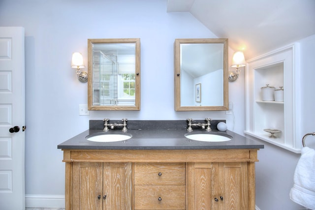 127 College Park Dr, Fairfield, CT 06824 - full bathroom with double vanity and lofted ceiling