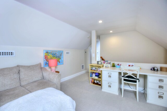127 College Park Dr, Fairfield, CT 06824 - carpeted bedroom with lofted ceiling, a desk, baseboards, and recessed lighting