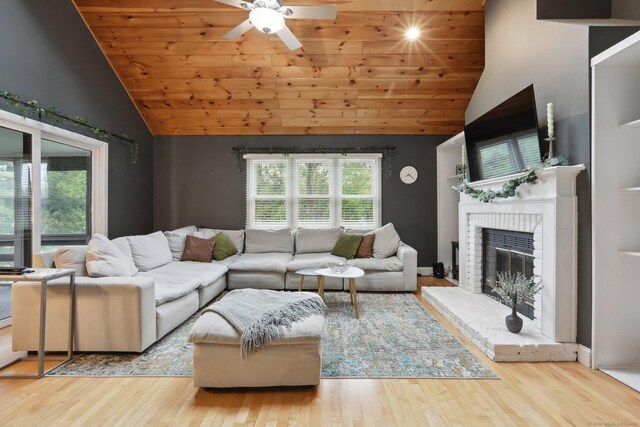 36 Overlook Dr Unit 36, Monroe, CT 06468 - living room featuring wooden ceiling, wood finished floors, a ceiling fan, high vaulted ceiling, and a fireplace