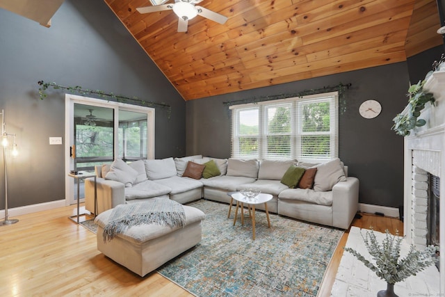 36 Overlook Dr Unit 36, Monroe, CT 06468 - living room featuring wooden ceiling, a ceiling fan, baseboards, wood finished floors, and a fireplace