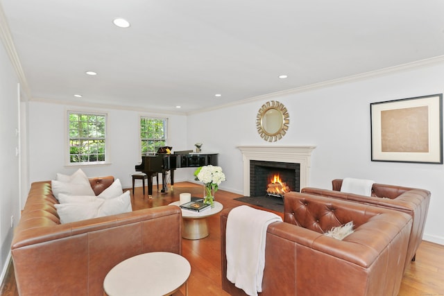 26 Heritage Ln, Weston, CT 06883 - living room with light wood-style flooring, a fireplace, crown molding, recessed lighting, and baseboards