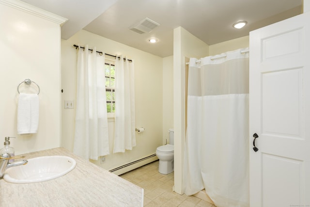 15 Haywardville Rd, East Haddam, CT 06423 - bathroom featuring a baseboard radiator, toilet, a shower with curtain, vanity, and tile patterned floors