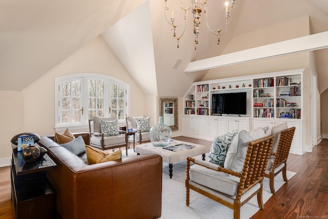 118 John St, Greenwich, CT 06831 - living room featuring wood finished floors, baseboards, high vaulted ceiling, and built in shelves