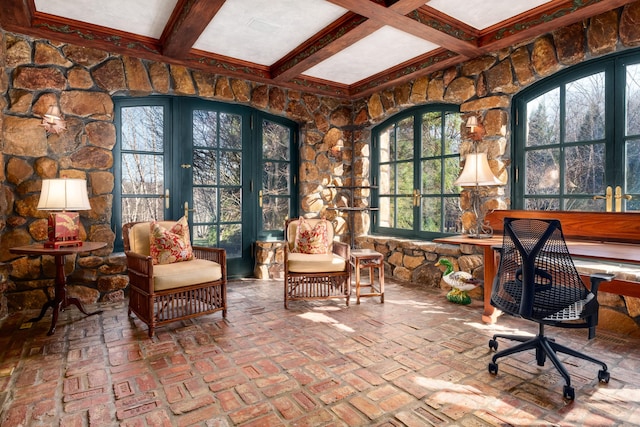 118 John St, Greenwich, CT 06831 - sunroom / solarium featuring beamed ceiling, french doors, and coffered ceiling