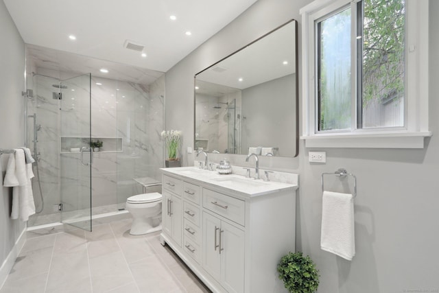 787 Heritage Vlg Unit A, Southbury, CT 06488 - bathroom with a marble finish shower, toilet, double vanity, and recessed lighting