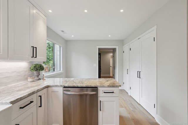 787 Heritage Vlg Unit A, Southbury, CT 06488 - kitchen with dishwasher, a peninsula, light wood-style flooring, white cabinets, and recessed lighting