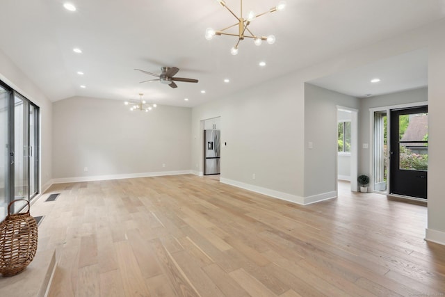 787 Heritage Vlg Unit A, Southbury, CT 06488 - unfurnished living room featuring a chandelier, light wood-type flooring, recessed lighting, baseboards, and ceiling fan