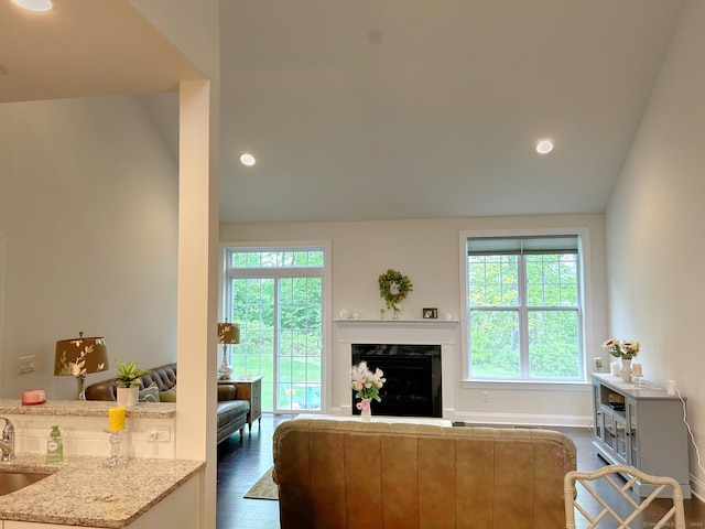 17 Highridge Rd Unit 17, Middlebury, CT 06762 - living room featuring a high end fireplace, recessed lighting, wood finished floors, and lofted ceiling