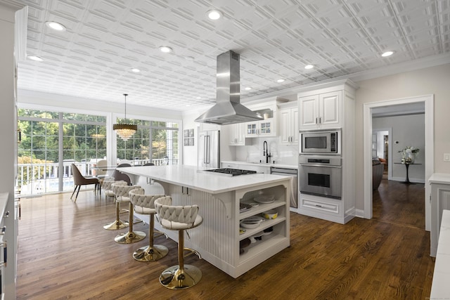 122 Mirey Dam Rd, Middlebury, CT 06762 - kitchen with appliances with stainless steel finishes, extractor fan, white cabinetry, light countertops, and open shelves