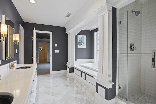 122 Mirey Dam Rd, Middlebury, CT 06762 - bathroom featuring ornate columns, a stall shower, a garden tub, recessed lighting, and marble finish floors