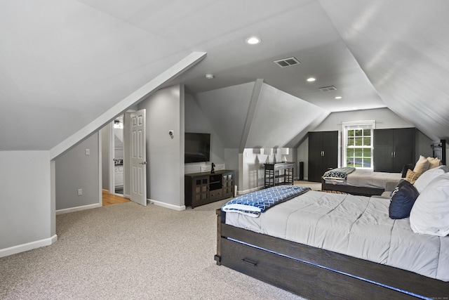 122 Mirey Dam Rd, Middlebury, CT 06762 - bedroom with baseboards, vaulted ceiling, carpet, and recessed lighting