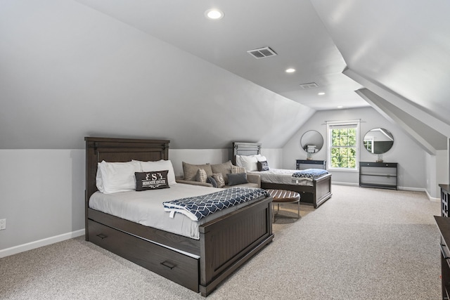122 Mirey Dam Rd, Middlebury, CT 06762 - bedroom with light carpet, baseboards, vaulted ceiling, and recessed lighting