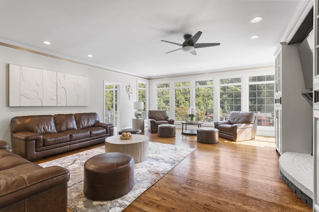122 Mirey Dam Rd, Middlebury, CT 06762 - living area with ornamental molding, wood finished floors, a ceiling fan, and recessed lighting