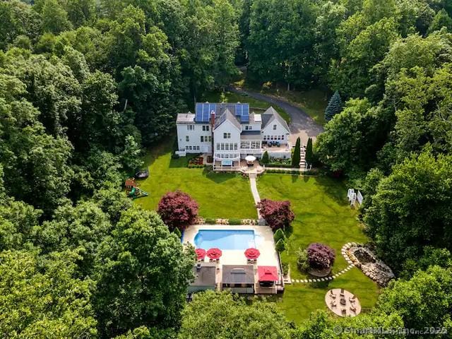 122 Mirey Dam Rd, Middlebury, CT 06762 - aerial view of property and surrounding area with a forest and a pool area