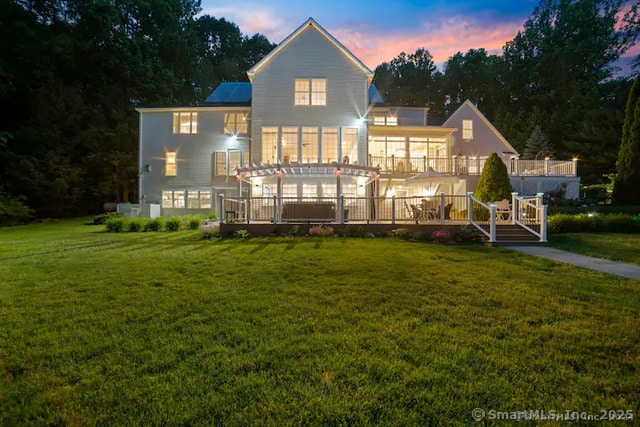 122 Mirey Dam Rd, Middlebury, CT 06762 - back of house with a wooden deck, a yard, and a pergola