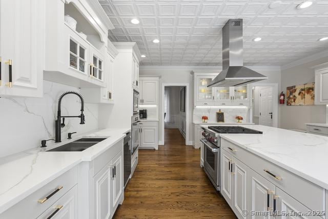 122 Mirey Dam Rd, Middlebury, CT 06762 - kitchen featuring ventilation hood, appliances with stainless steel finishes, a sink, recessed lighting, and white cabinets