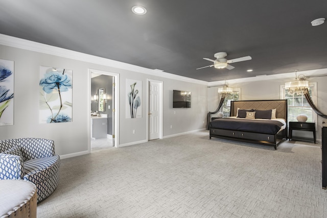 122 Mirey Dam Rd, Middlebury, CT 06762 - bedroom featuring carpet, crown molding, baseboards, a chandelier, and recessed lighting