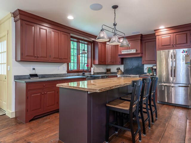 332 Good Hill Rd, Woodbury, CT 06798 - kitchen featuring freestanding refrigerator, a sink, dark wood-style flooring, a kitchen island, and wood counters