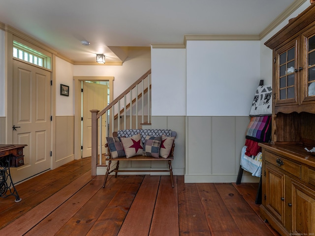 332 Good Hill Rd, Woodbury, CT 06798 - entryway featuring a wainscoted wall, ornamental molding, a decorative wall, stairway, and hardwood / wood-style flooring