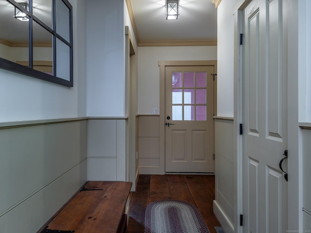 332 Good Hill Rd, Woodbury, CT 06798 - doorway with dark wood-style flooring, crown molding, and wainscoting