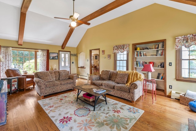 19 Edgewood St, Cromwell, CT 06416 - living room featuring beamed ceiling, wood finished floors, ceiling fan, a baseboard radiator, and high vaulted ceiling