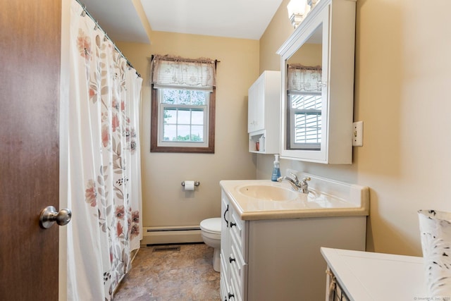 19 Edgewood St, Cromwell, CT 06416 - bathroom featuring a baseboard radiator, vanity, toilet, and a shower with curtain