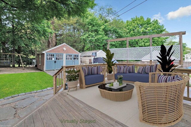61 Reed St, Stratford, CT 06614 - wooden deck featuring an outbuilding and an outdoor living space