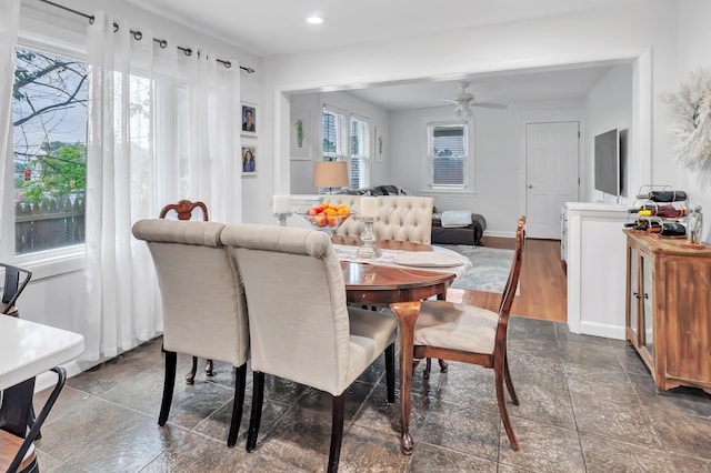 26 Longfellow Ave, Fairfield, CT 06825 - dining room with healthy amount of natural light, ceiling fan, recessed lighting, baseboards, and dark stone finish flooring