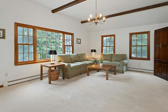 130 Haviland Rd, Ridgefield, CT 06877 - living area featuring a baseboard heating unit, a chandelier, and light carpet