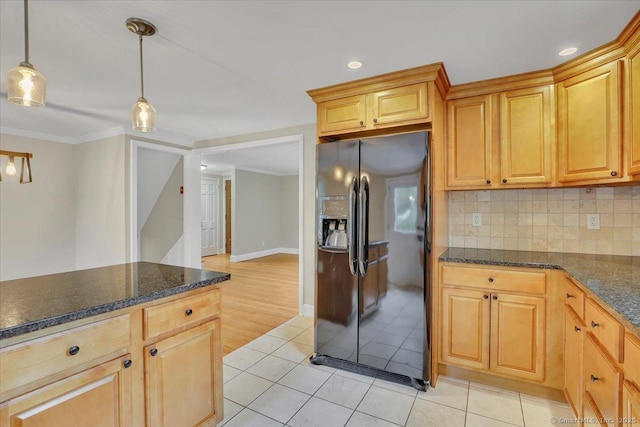184 Goodale Dr, Newington, CT 06111 - kitchen featuring black fridge with ice dispenser, light tile patterned flooring, decorative backsplash, pendant lighting, and crown molding