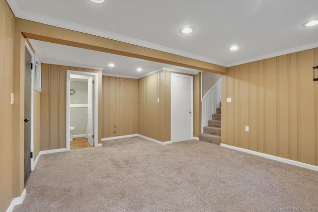 184 Goodale Dr, Newington, CT 06111 - finished below grade area featuring crown molding, stairs, carpet floors, recessed lighting, and baseboards
