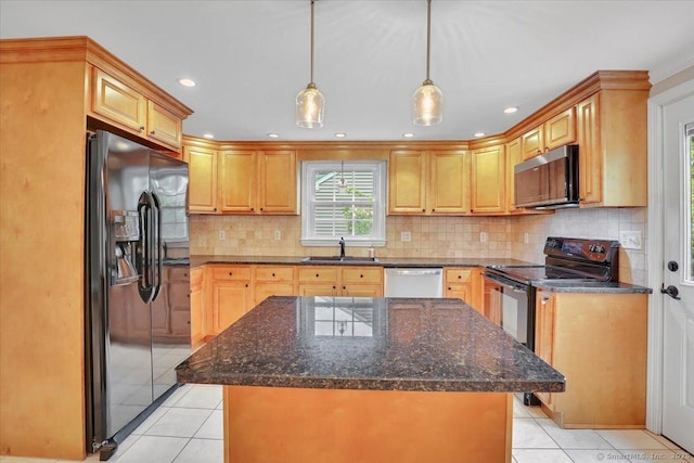 184 Goodale Dr, Newington, CT 06111 - kitchen with black fridge with ice dispenser, electric range oven, a sink, stainless steel dishwasher, and light tile patterned flooring