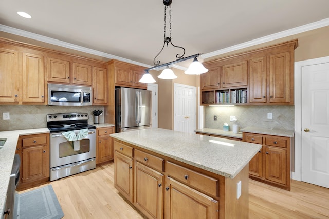 12 Everwood Dr, New Milford, CT 06776 - kitchen featuring appliances with stainless steel finishes, light wood-style floors, open shelves, tasteful backsplash, and crown molding