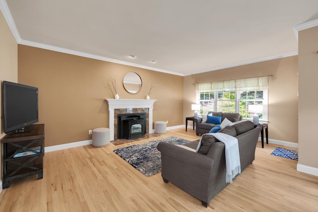 12 Everwood Dr, New Milford, CT 06776 - living area featuring light wood finished floors, crown molding, baseboards, and a fireplace with flush hearth