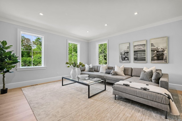 171 Compo Rd S, Westport, CT 06880 - living area with ornamental molding, plenty of natural light, baseboards, wood finished floors, and recessed lighting